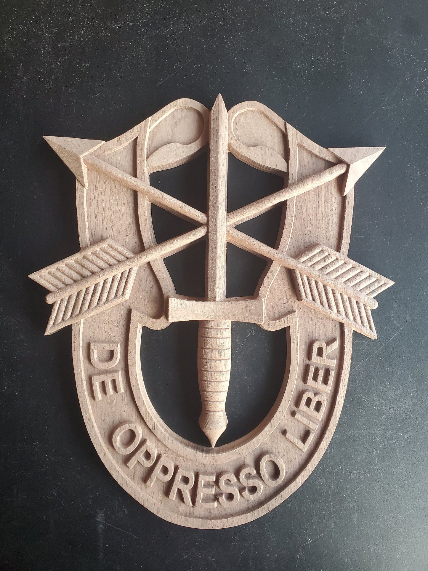 Special Forces DE OPPRESSO LIBER carved out in wood