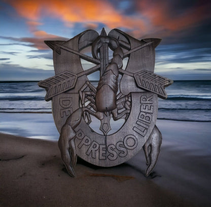DE OPPRESSO LIBER carved out in wood